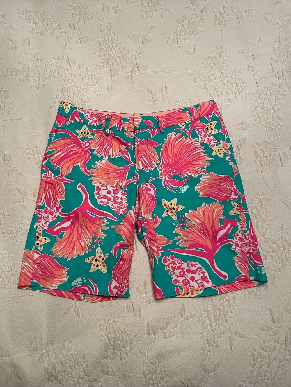 Lilly Pulitzer Teal Shorts with Pink Floral Print